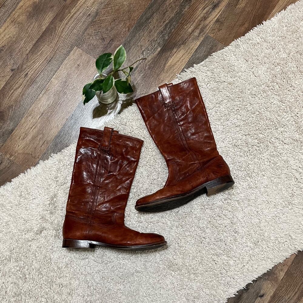Frye Size 7.5 M Cognac Brown Leather Anna Pull-On Mid Calf Boots